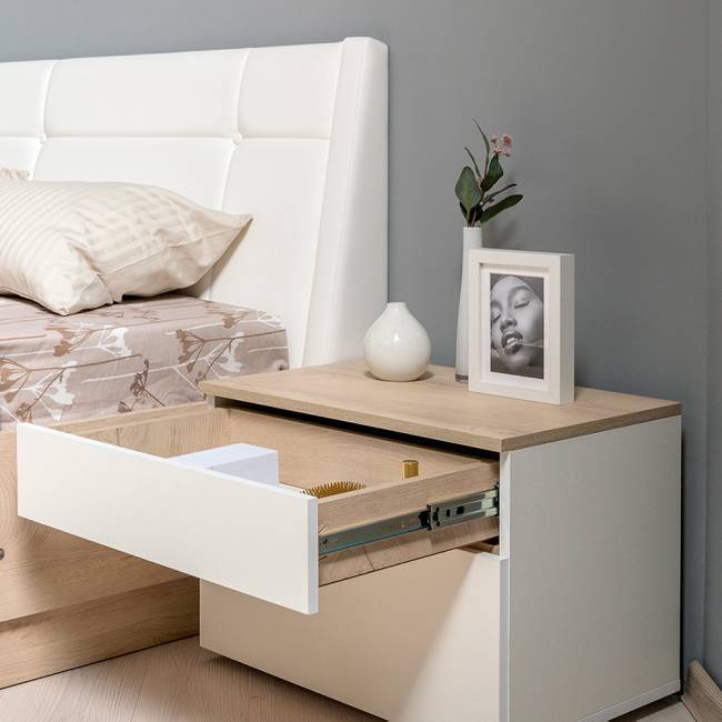 Мебель для спальни Муссон № 15 кровать на 1600 цвет белый/дуб эндгрейн элегантный, ортопед Мебель для спальни Муссон № 15 кровать на 1600 цвет белый/дуб эндгрейн элегантный, ортопед