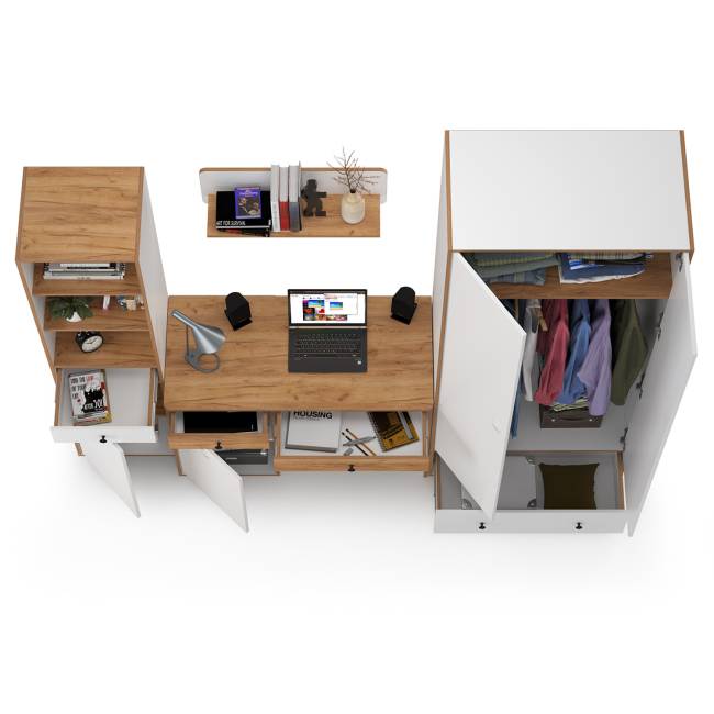 Молодёжная мебельная стенка Вуди № 22 цвет белый премиум/дуб крафт золотой