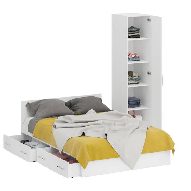 Двуспальная Кровать белая с ящиками 1400 с пеналом Стандарт цвет белый