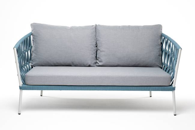 "Диего" диван 2-местный плетеный из роупа, каркас алюминий светло-серый (RAL7035) муар, роуп бирюзовый круглый, ткань светло-серая