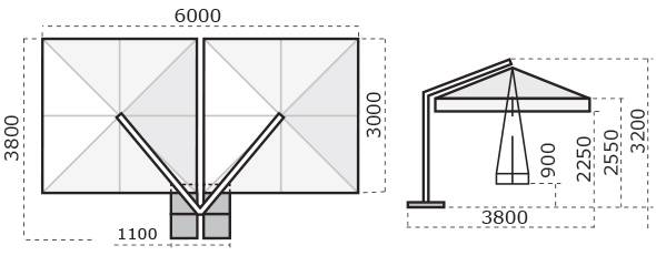 Зонт профессиональный двухкупольный 3х6 м Alu Double Starwhite белый, бордовый 3000х6000 мм