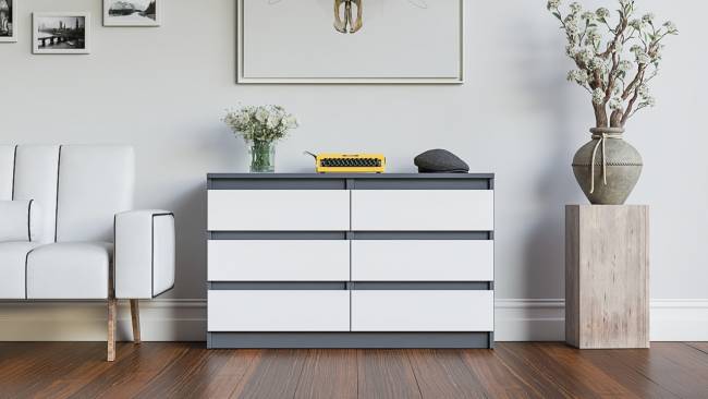Широкий комод шесть ящиков Мори МК1200.6 цвет графит/белый
