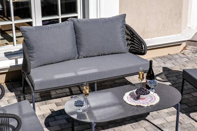 "Милан" лаунж-зона 4-местная плетеная из роупа (веревки), каркас алюминиевый темно-серый, роуп темно-серый "Милан" лаунж-зона 4-местная плетеная из роупа (веревки), каркас алюминиевый темно-серый, роуп темно-серый