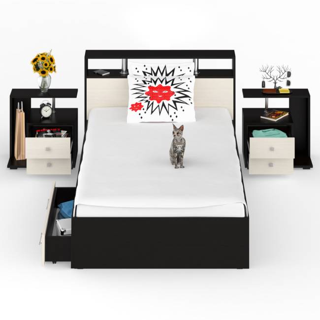 Кровать с ящиками 1200 Камелия + две тумбы цвет венге/дуб лоредо Кровать с ящиками 1200 Камелия + две тумбы цвет венге/дуб лоредо