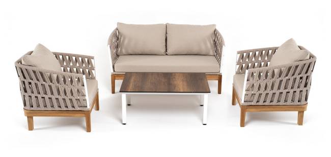 "Диего" лаунж-зона 4-местная плетеная из роупа со столиком "Канны" цвета "дуб", основание дуб, роуп бежевый "Диего" лаунж-зона 4-местная плетеная из роупа со столиком "Канны" цвета "дуб", основание дуб, роуп бежевый