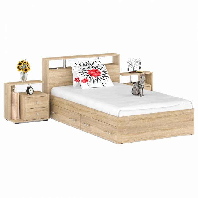 Кровать с ящиками 1200 Камелия + две тумбы цвет дуб сонома