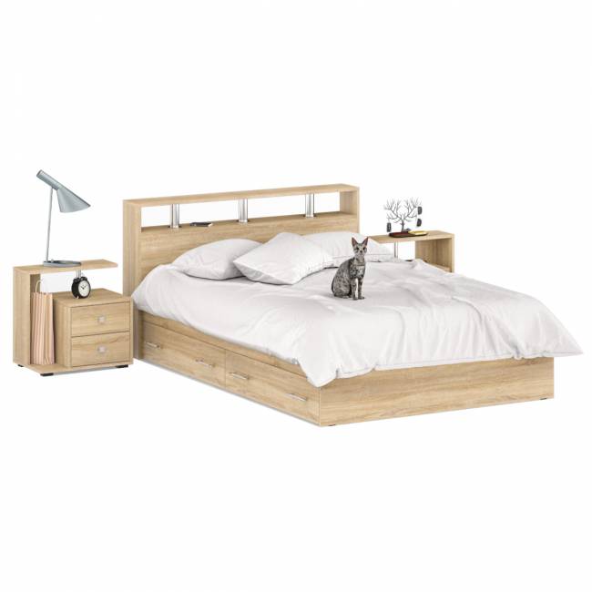 Кровать с ящиками 1400 Камелия + две тумбы цвет дуб сонома