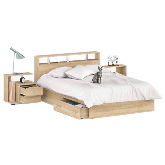 Кровать с ящиками 1400 Камелия + две тумбы цвет дуб сонома