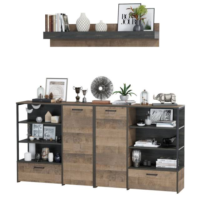 Два комода с дверками и ящиками и навесная полка Трувор цвет дуб гранж песочный/интра