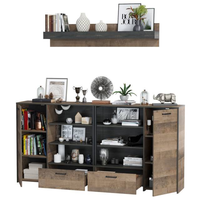 Два комода с дверками и ящиками и навесная полка Трувор цвет дуб гранж песочный/интра